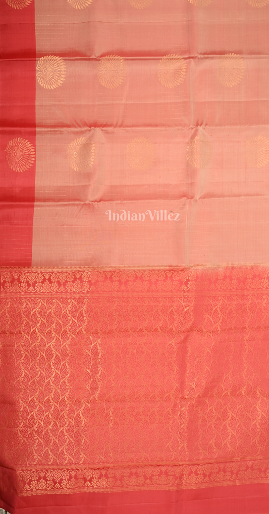 Peach Red Floral Zari Pure Kanjivaram Soft Silk Saree