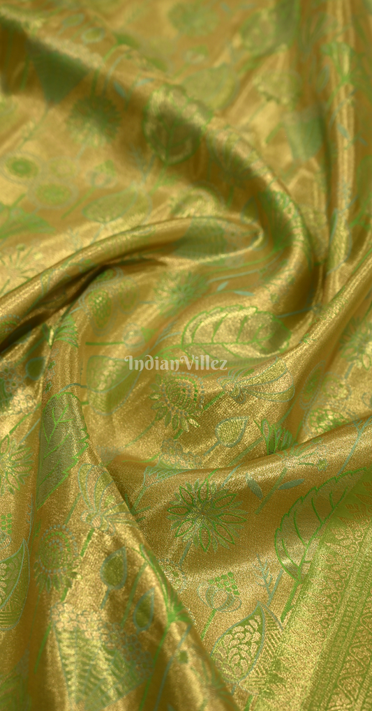 Lime Green Floral Pure Kanjivaram Tissue Silk Saree