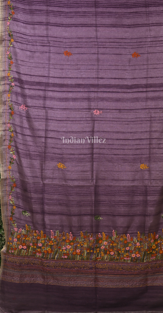 Purple Tusasr Silk Saree with Floral Embroidery Work