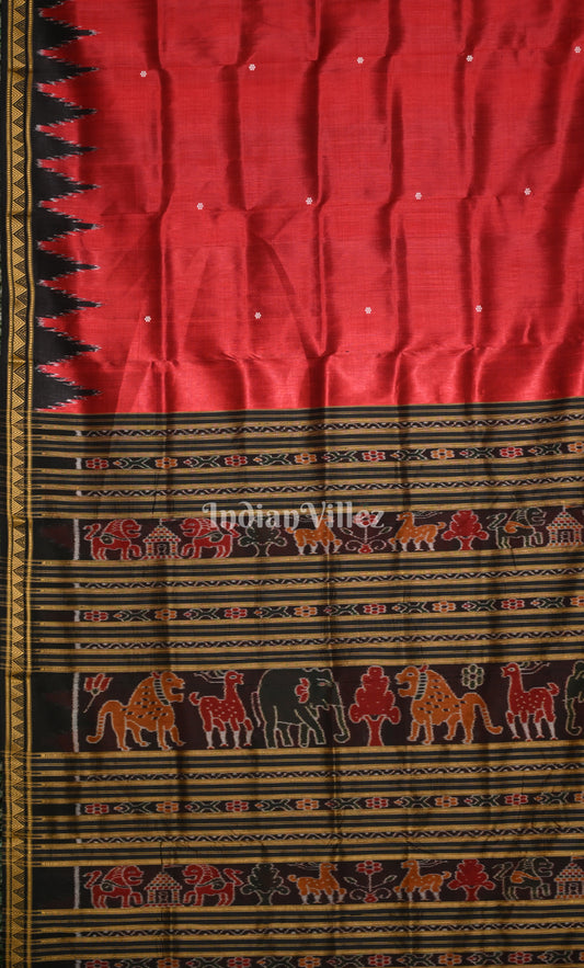 Red Black Buti Design Odisha Ikat Khandua Silk Saree with Jungle Anchal