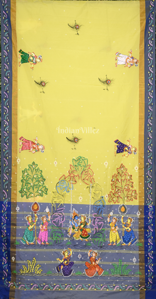 Lemon Green Blue Radha krishna Doli Theme Hand-Painted Pattachitra Saree