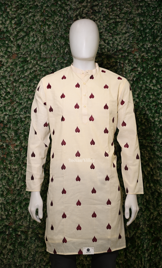 Off White Maroon Thread work leaf shaped motif Odisha Ikat Cotton Kurta for Men