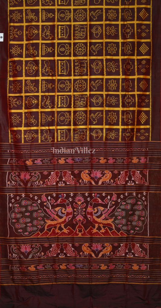 Coffee Neon Yellow Nabakothi Odisha Ikat Contemporary Designer Silk Saree