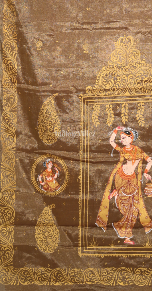 Brown Golden Shringar Raas Hand- Painted Pattachitra Saree (Tissue)