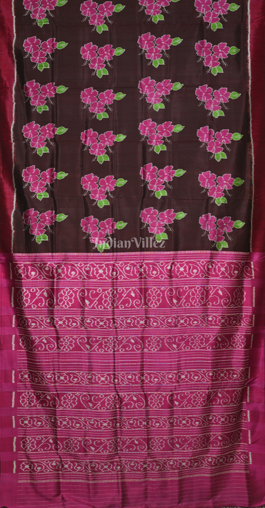 Coffee Magenta Pink Mandar Flower Motif Contemporary Designer Silk Saree