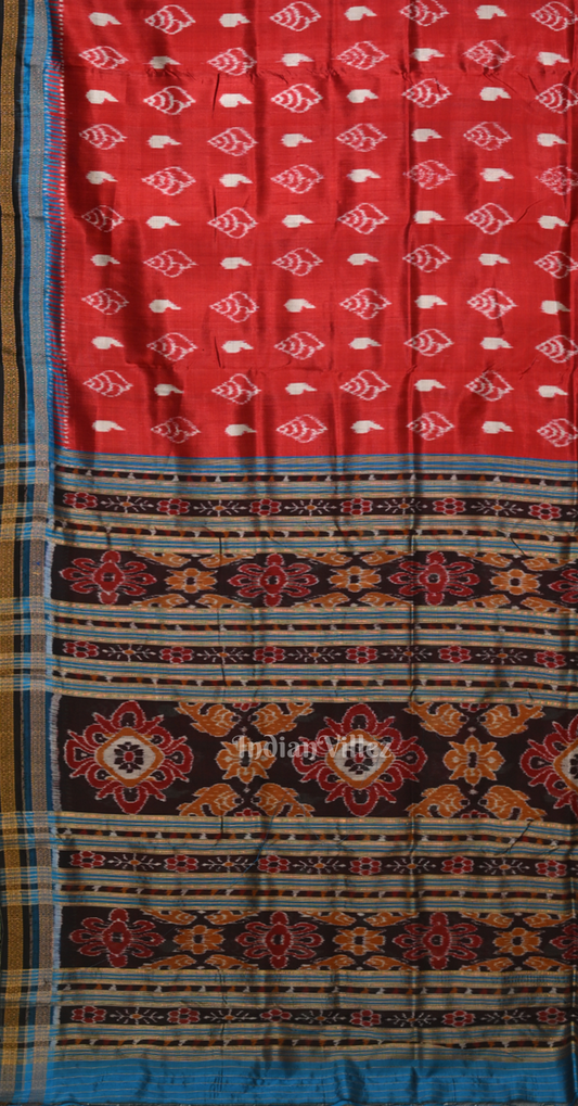 Red Blue Sankha Motif Odisha Ikat Khandua Silk Saree