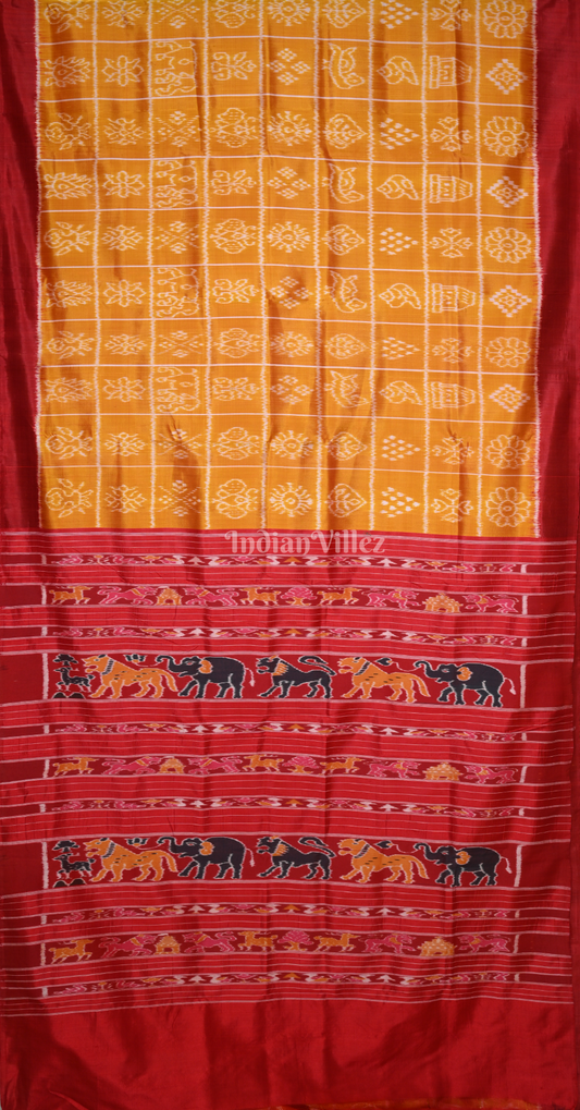 Mustard Yellow Red Nabakothi Odisha Ikat Contemporary Designer Silk Saree