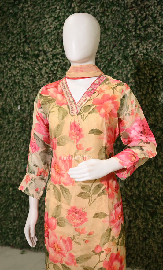 Cream with Multi Color Floral Print Salwar Set with Dupatta