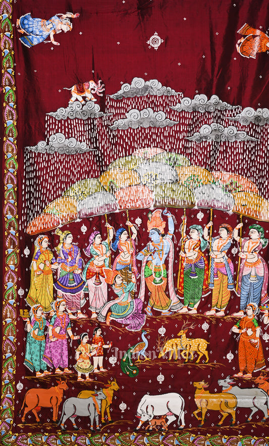 Maroon Giri Govardhan Hand-Painted Pattachitra Saree