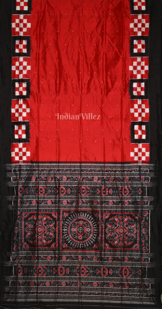 Red Black Double Pasapali Border Odisha Ikat Contemporary Designer Silk Saree