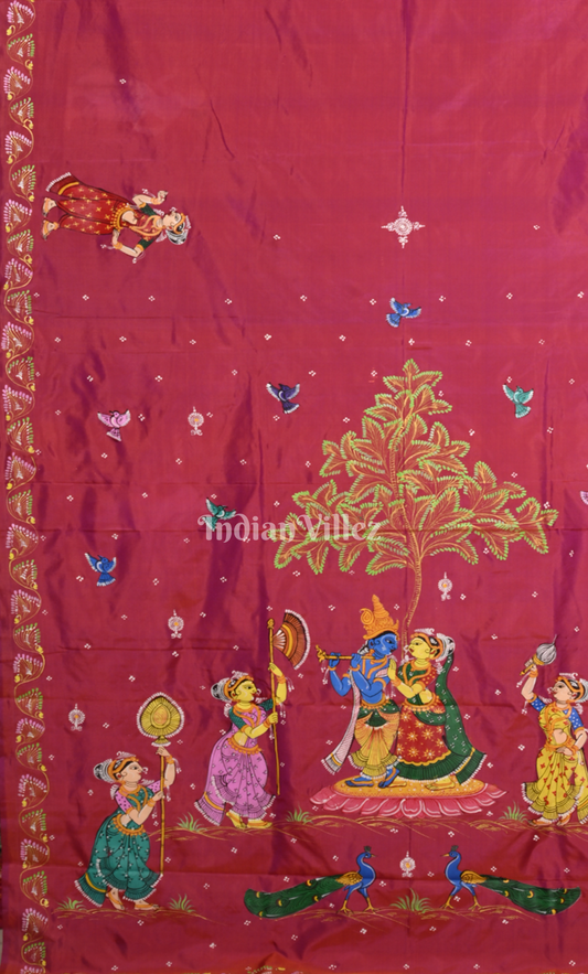 Magenta Pink Raas Leela Hand-painted Pattachitra Saree