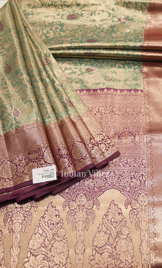 Turquoise Green Wine Brocade Pure Kanjivaram Tissue Silk Saree