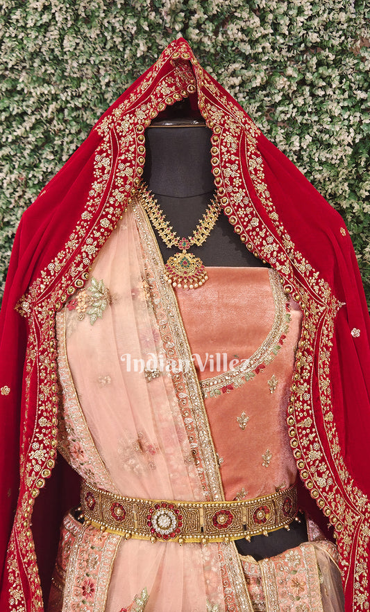 Exclusive Designer Peach Pink Red Lehenga Choli With Dupatta