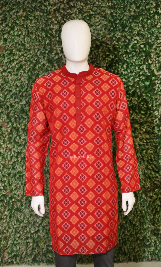 Red Odisha Ikat Sambalpuri Cotton Kurta For Men