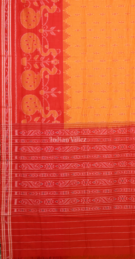 Mustard Yellow Red Peacock Scott Odisha Ikat Maniabandha Cotton Saree