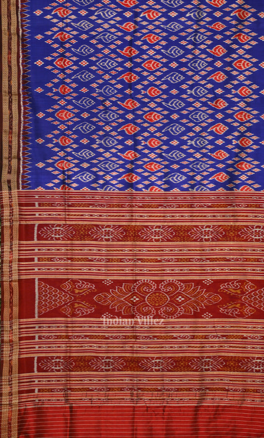 Blue Red Sankha Motif Odisha Ikat Khandua Silk Saree