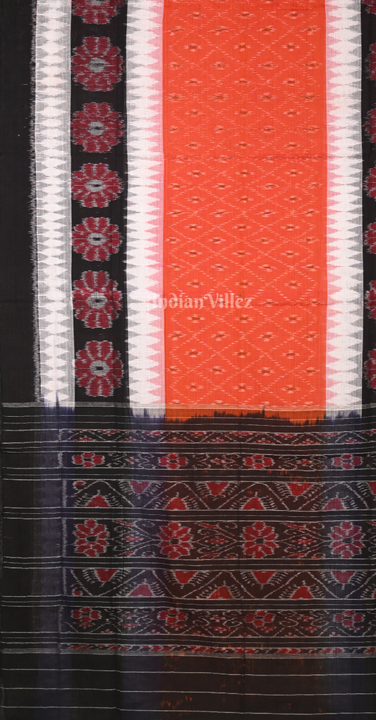 Orange Black White Flower Motif Odisha Ikat Maniabandha Cotton Saree