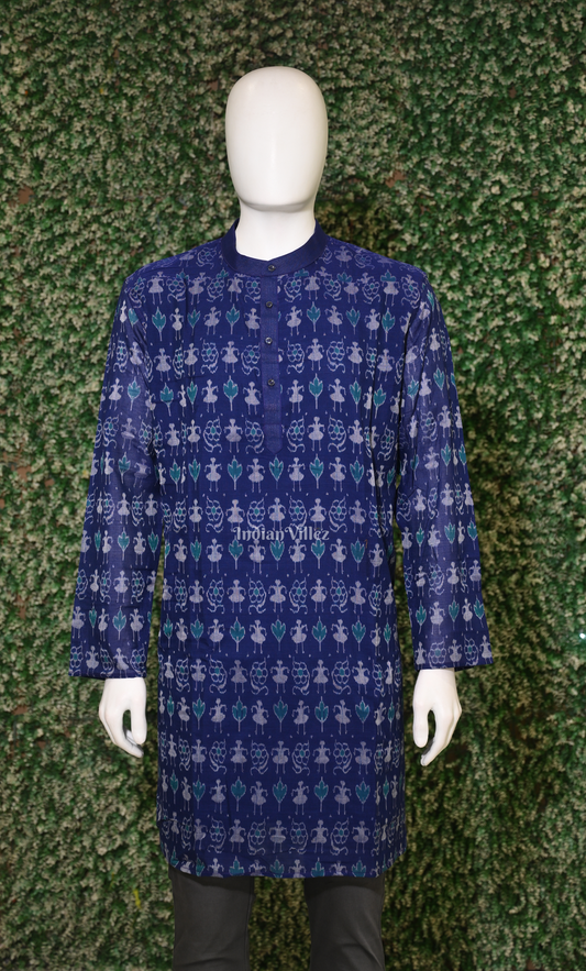 Royal Blue Tribal Design Odisha Ikat Sambalpuri Cotton Kurta For Men