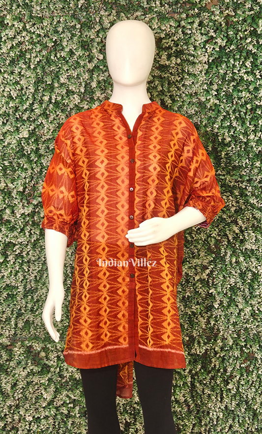 Maroon Orange Diamond Motif Odisha Ikat Designer Low High Cotton Kurti for Women