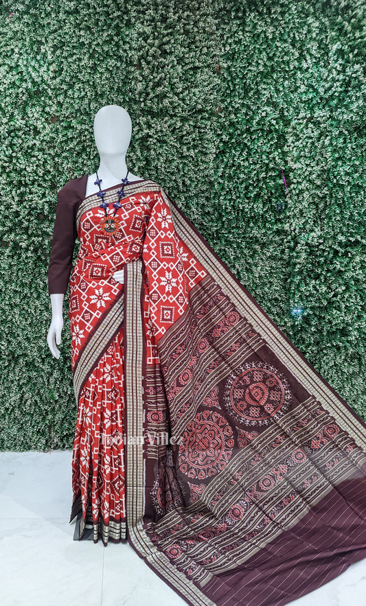 Red Marron Telia Rumal Theme Odisha Ikat Sambalpuri Silk Saree