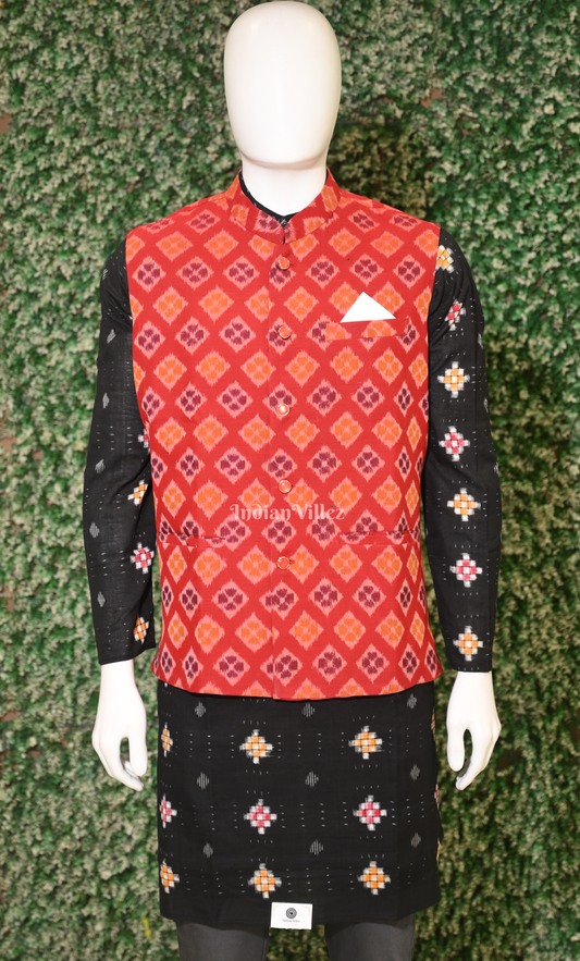 Red Odisha Ikat Half Bandi Jacket for Men