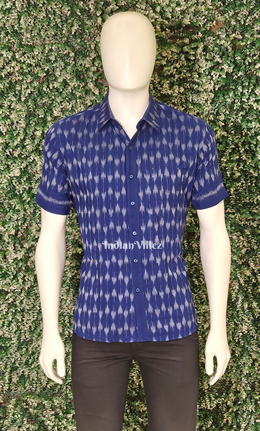 Blue Mashroom Motif Odisha Ikat Cotton Half Sleeve Shirt for Men