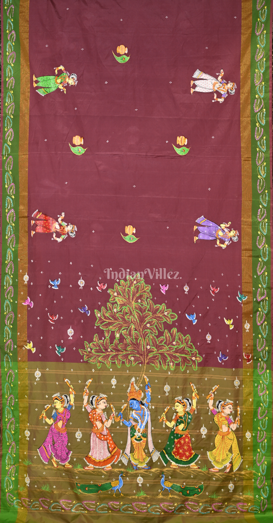 Maroon Green Maroon Krishna Raas Hand-Painted Pattachitra Saree