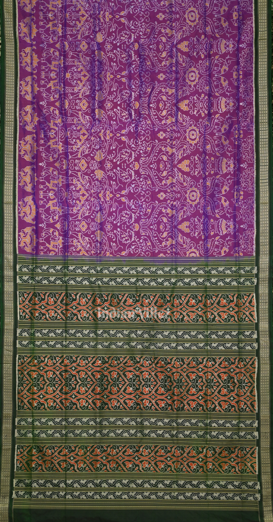 Purple Green Animal & Tree Odisha Ikat Sambalpuri Silk Saree
