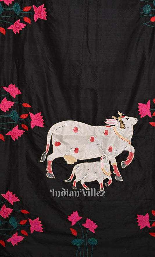 Black Pink Pichwai Art Hand Embroidered  Applique Saree