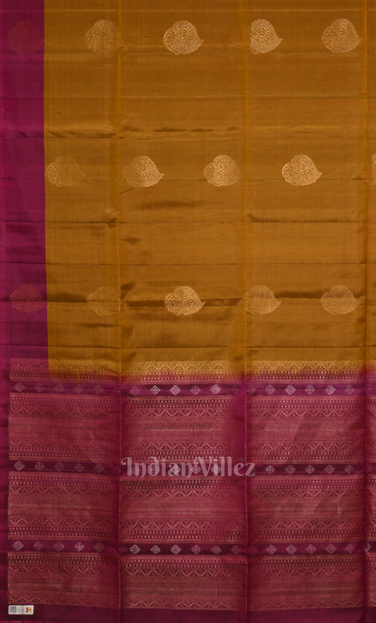 Mustard Yellow Purple Pure Kanjivaram Soft Silk Saree