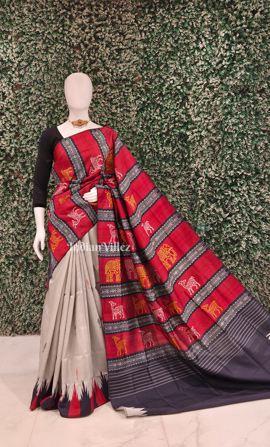 Cement Grey Red Fish Motif Double Pallu Berhampuri Silk Saree