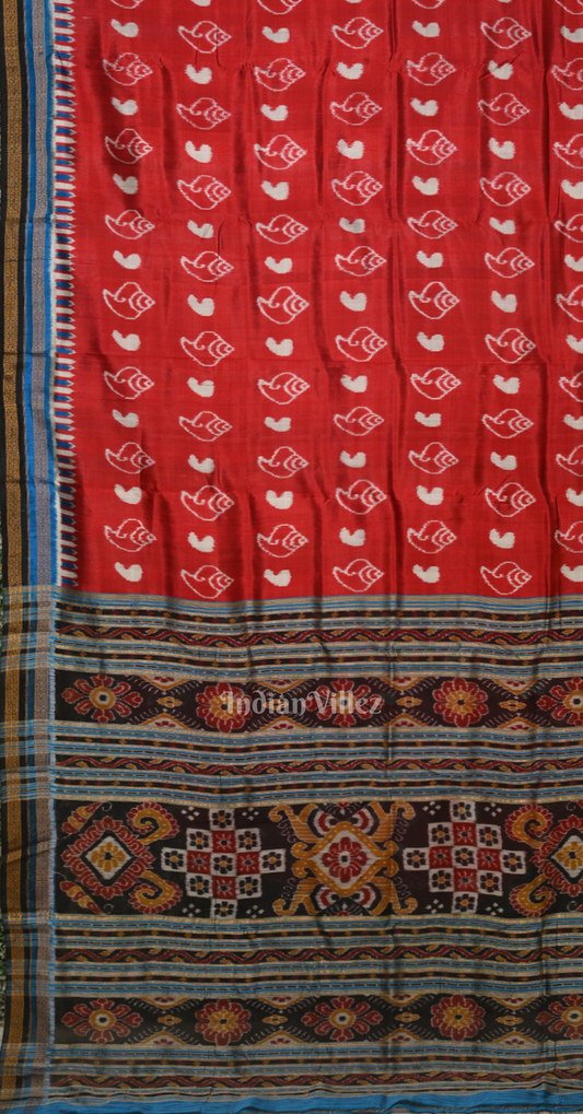 Red Blue Sankha Motif Odisha Ikat Khandua Silk Saree