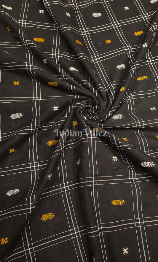 Black Fish & Buti Motif Odisha Ikat Bomkai Cotton Fabric