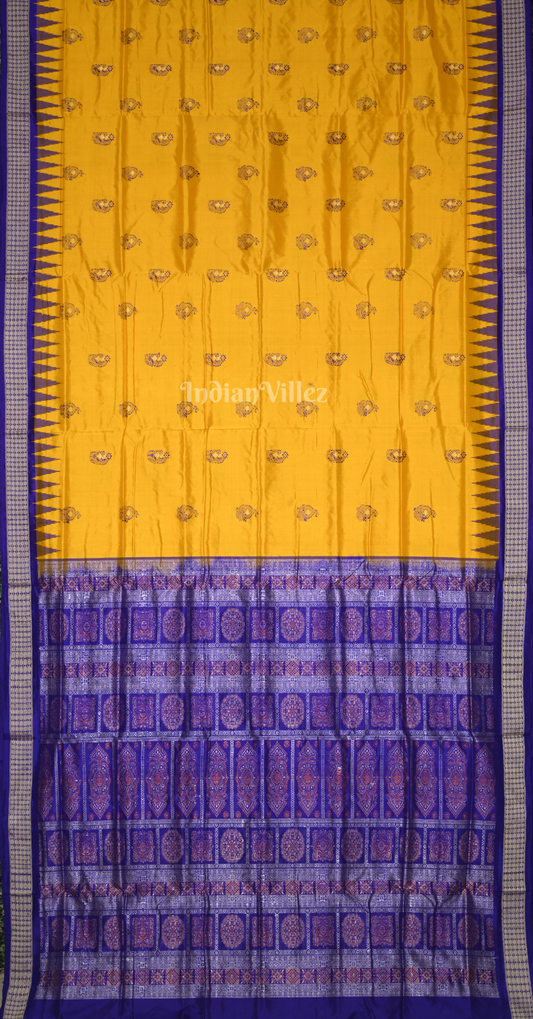 Mustard Yellow Blue Parsley Design Odisha Ikat Bomkai Sambalpuri Silk Saree