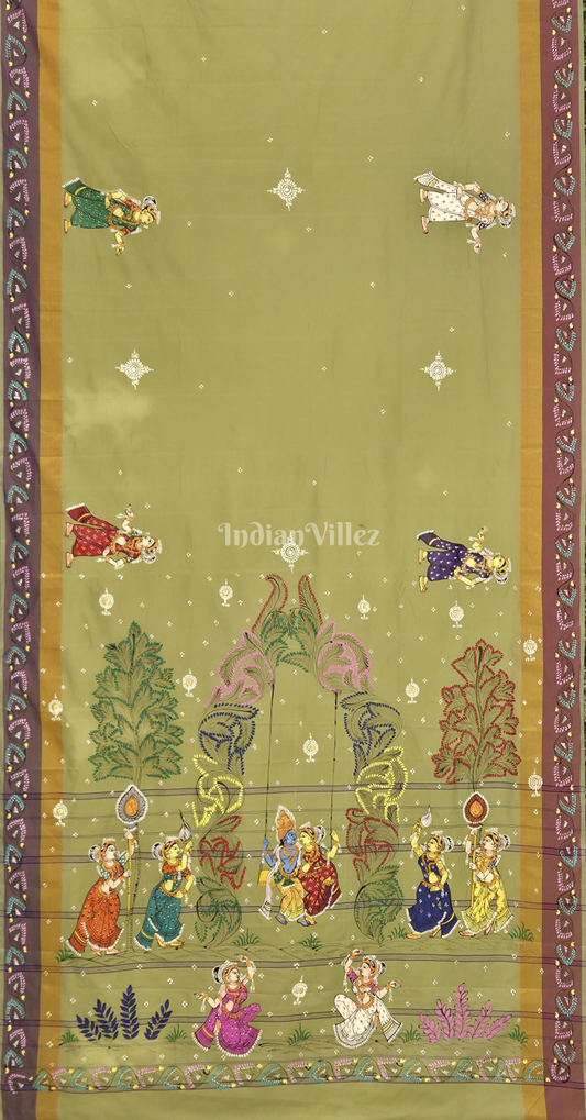 Mehendi Green Raja Doli Theme Hand-Painted Pattachitra Saree