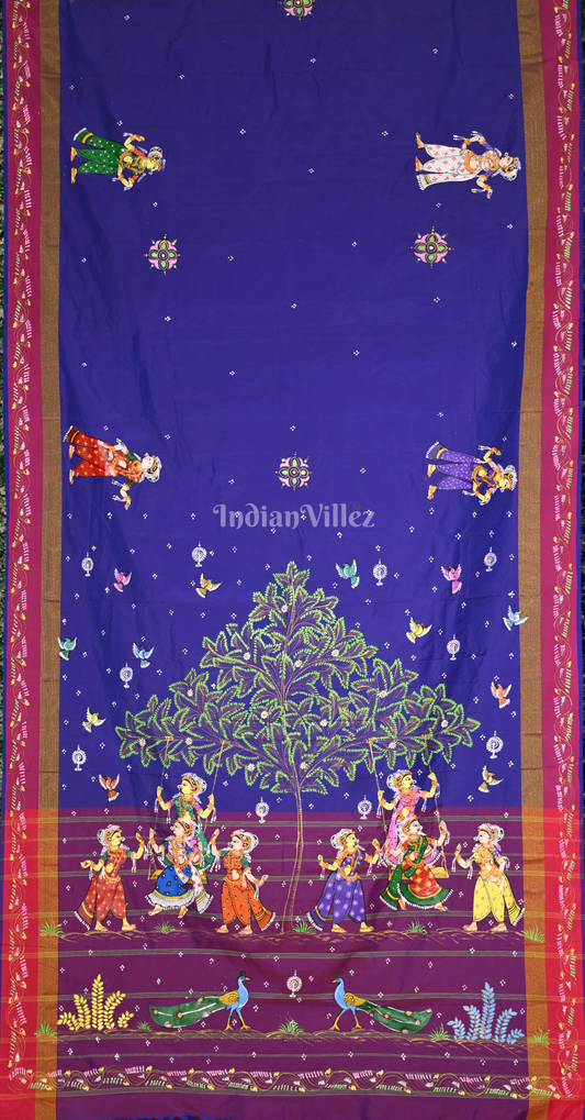 Blue Magenta Pink Raja Doli Theme Hand-Painted Pattachitra Saree