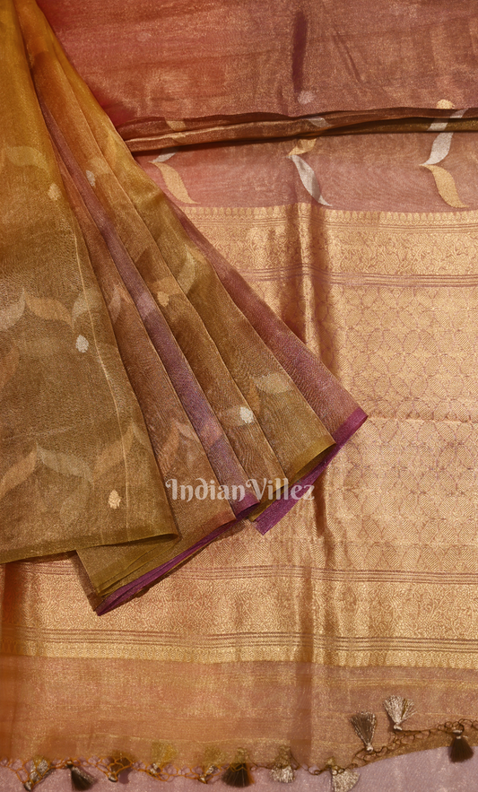 Brick Red Pure Kora Banarasi Tissue Saree with Suna Rupa Work