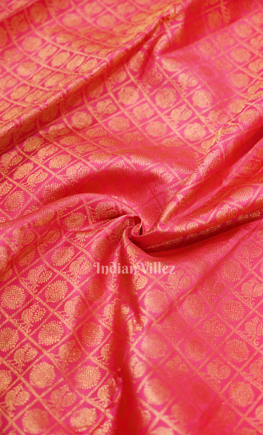 Rani Pink with Golden Check Buti Brocade Pure Kanjivaram Silk Saree