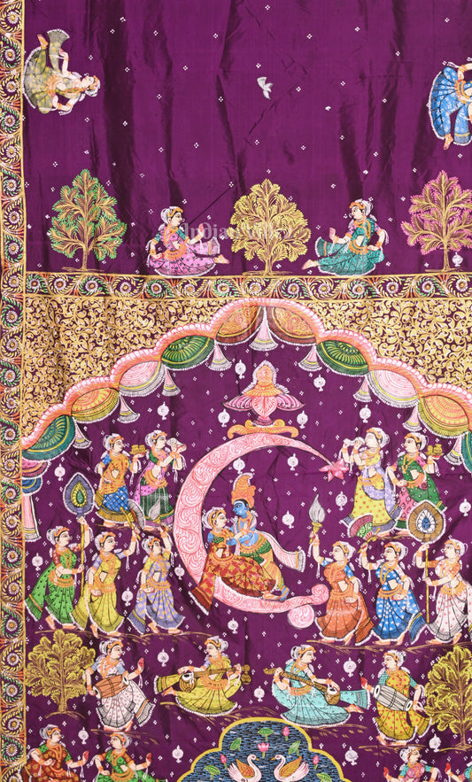 Purple Ardha Chandra Krishna Rasa Leela Hand-Painted Pattachitra Saree