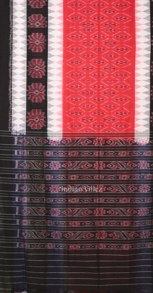Red Black White Double Border Flower Motif Odisha Ikat Maniabandha Cotton Saree
