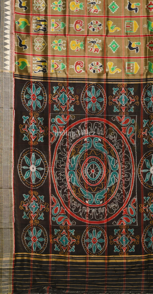 Moss Green Black Nabakothi Odisha Ikat Khandua Silk Saree