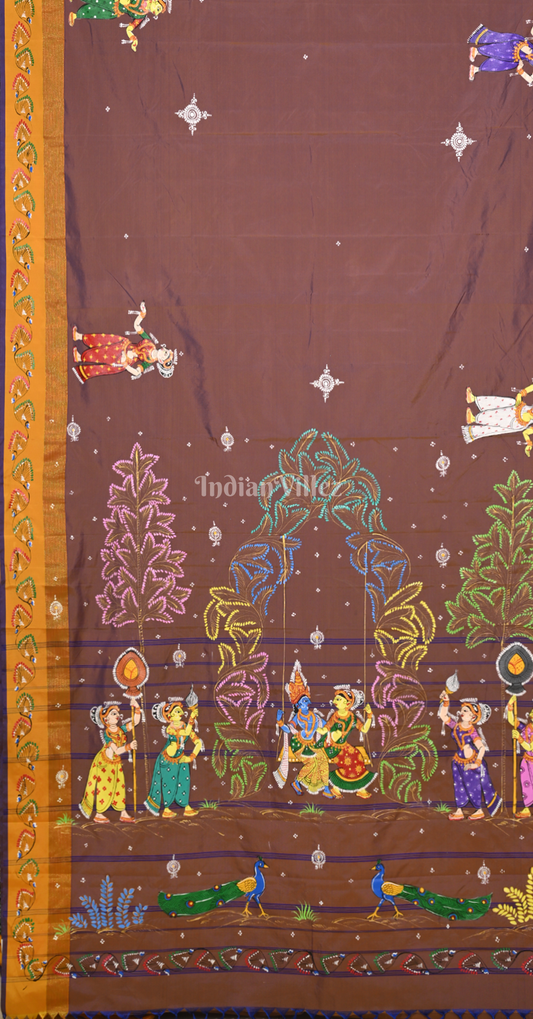 Brown Krishna Radha Doli Theme Hand-Painted Pattachitra Saree