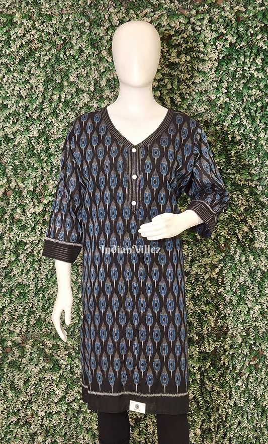 Blue Black Mor Pankh Motif Odisha Ikat Designer Cotton Kurti for Women