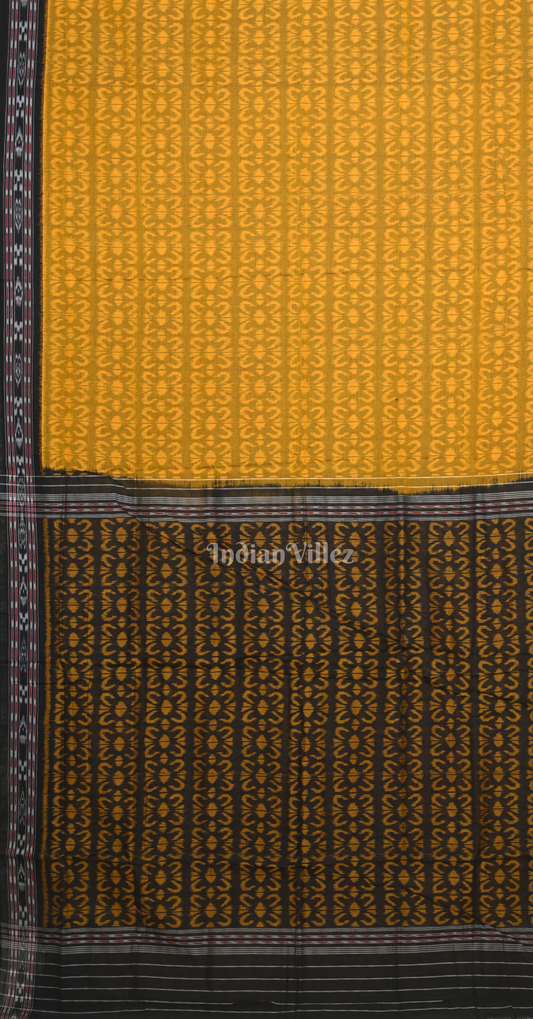 Yellow Black Flower Scot Odisha Ikat Sambalpuri Cotton Saree