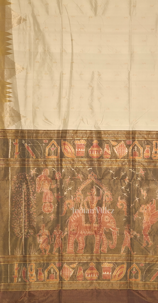 Exclusive Off White Golden Phoda Kumbha Half Tissue Sambalpuri Silk Saree