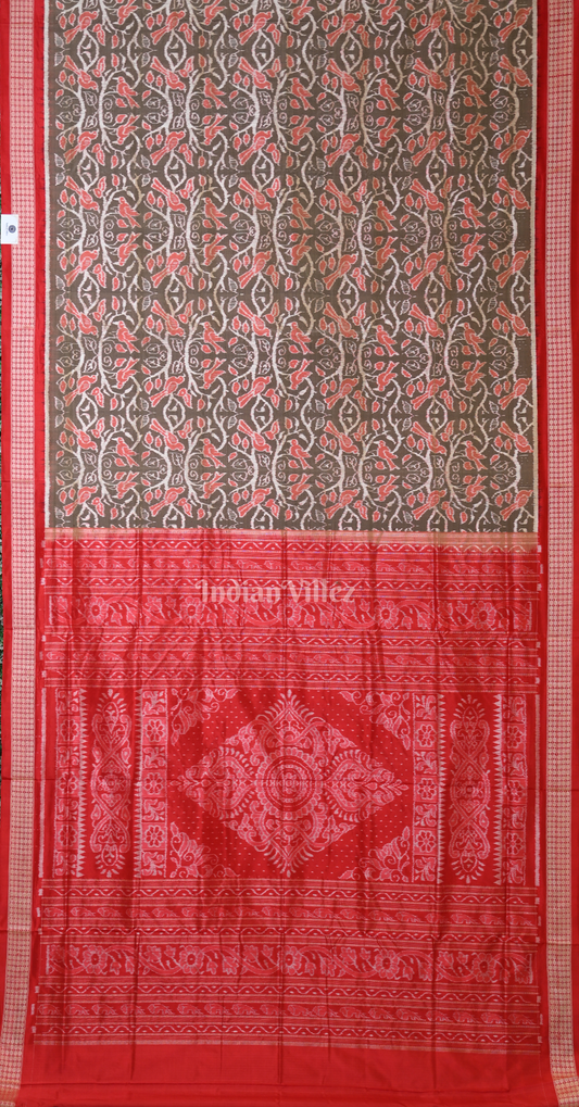 Grey Red Bird Motif Odisha Ikat Sambalpuri Silk Saree