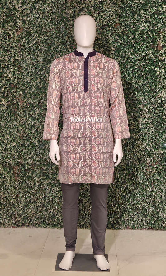 Dusty Mauve Brown Odisha Ikat Cotton Kurta for Men