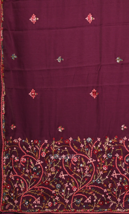 Purple Tusasr Silk Saree with Floral Hand Embroidery Work