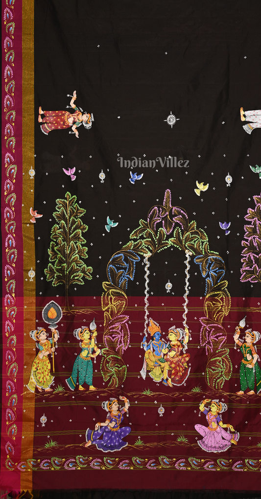 Black Maroon Krishna Radha Doli Theme Hand-Painted Pattachitra Saree