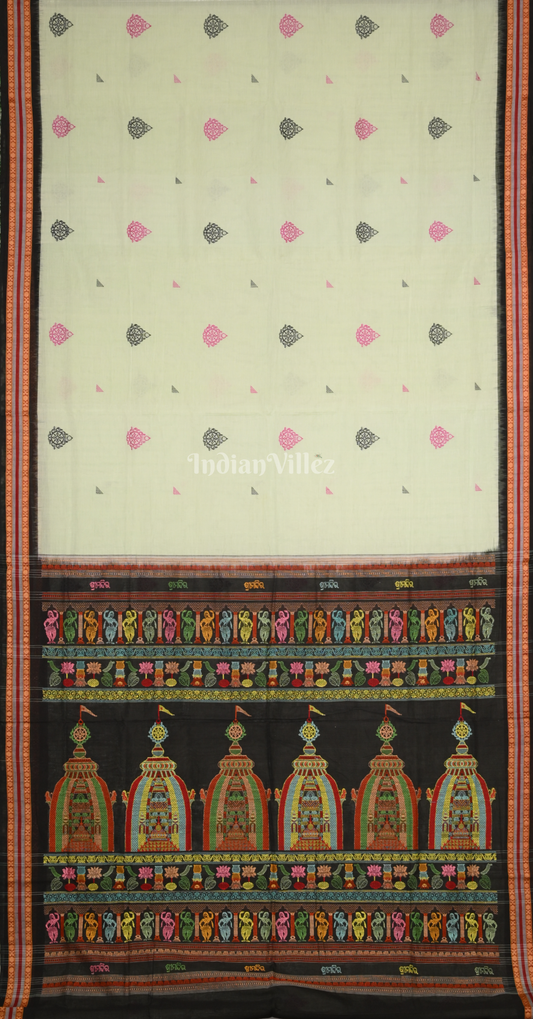 Pista Green Black Shree Mandir Theme Odisha Ikat Bomkai Cotton Saree